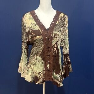 dressbarn Brown and Cream Patchwork Blouse